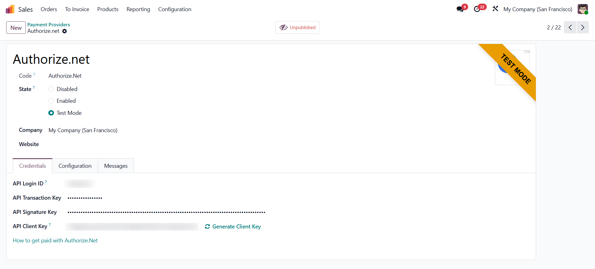authorize.net Configuration screen