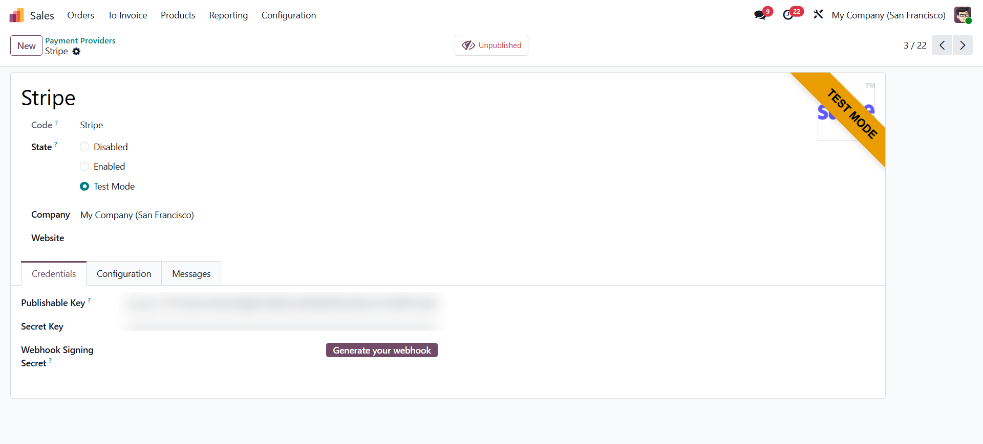 Stripe Configuration screen