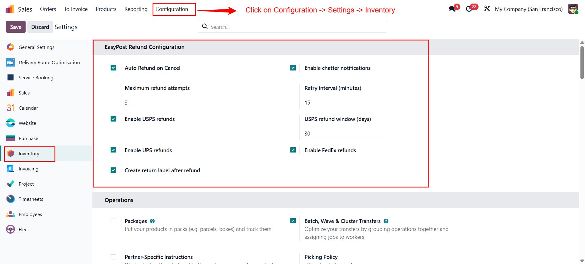 Easypost Refund Configuration Settings screen
