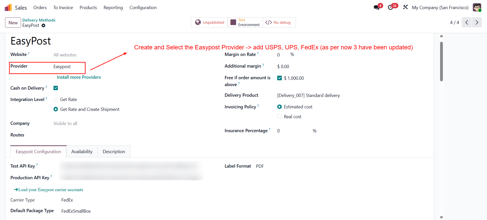 Easypost Configuration Settings screen