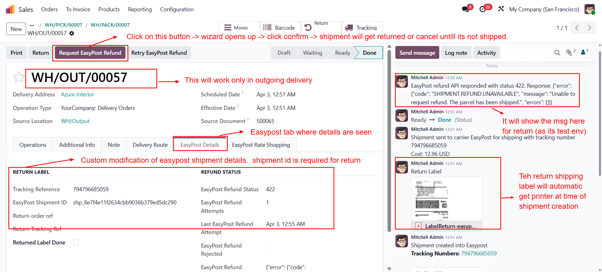 Easypost Refund functionality screen