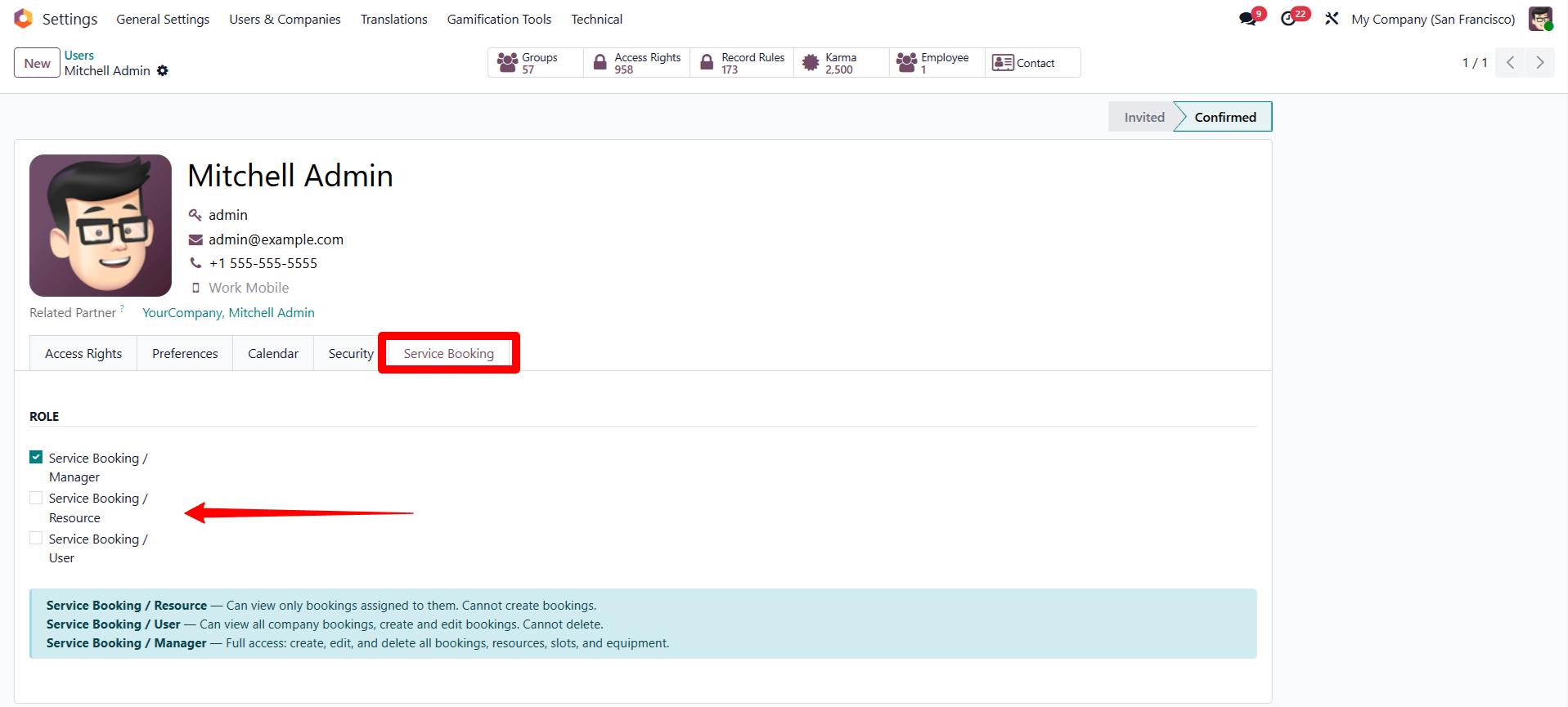 Service Booking user role settings screen