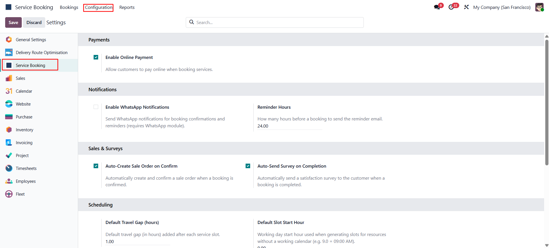 Service Booking configuration settings screen