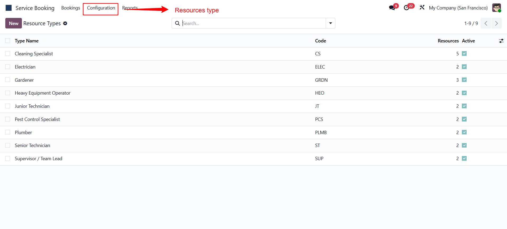 Resource Types settings screen