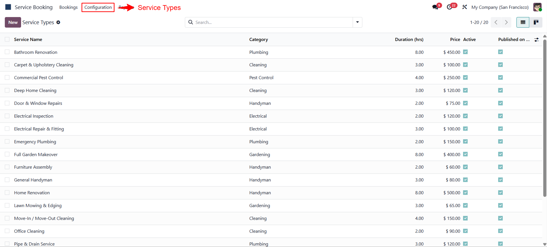 Service Types settings screen