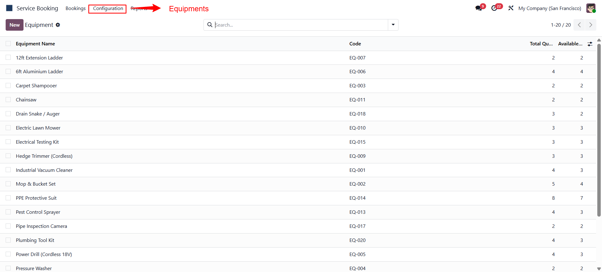 Equipments settings screen