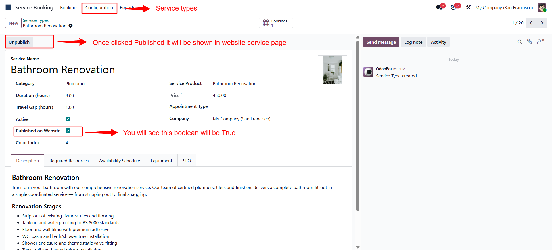 Publish services screen