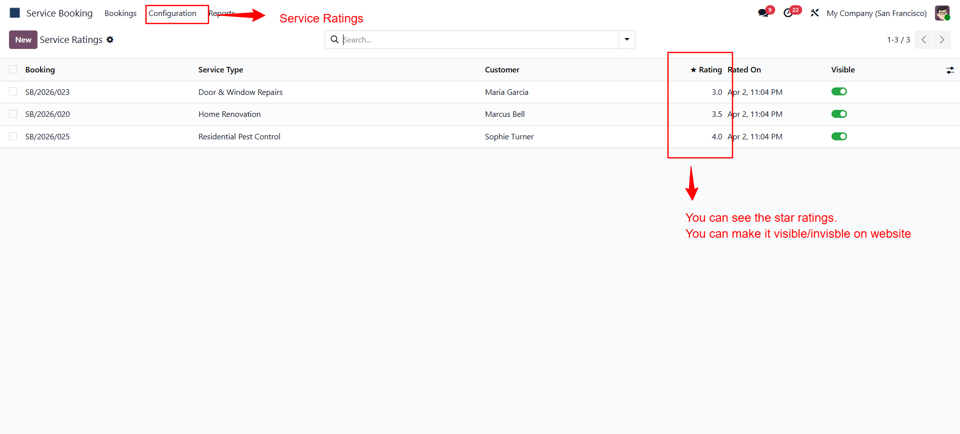 Manage service ratings screen