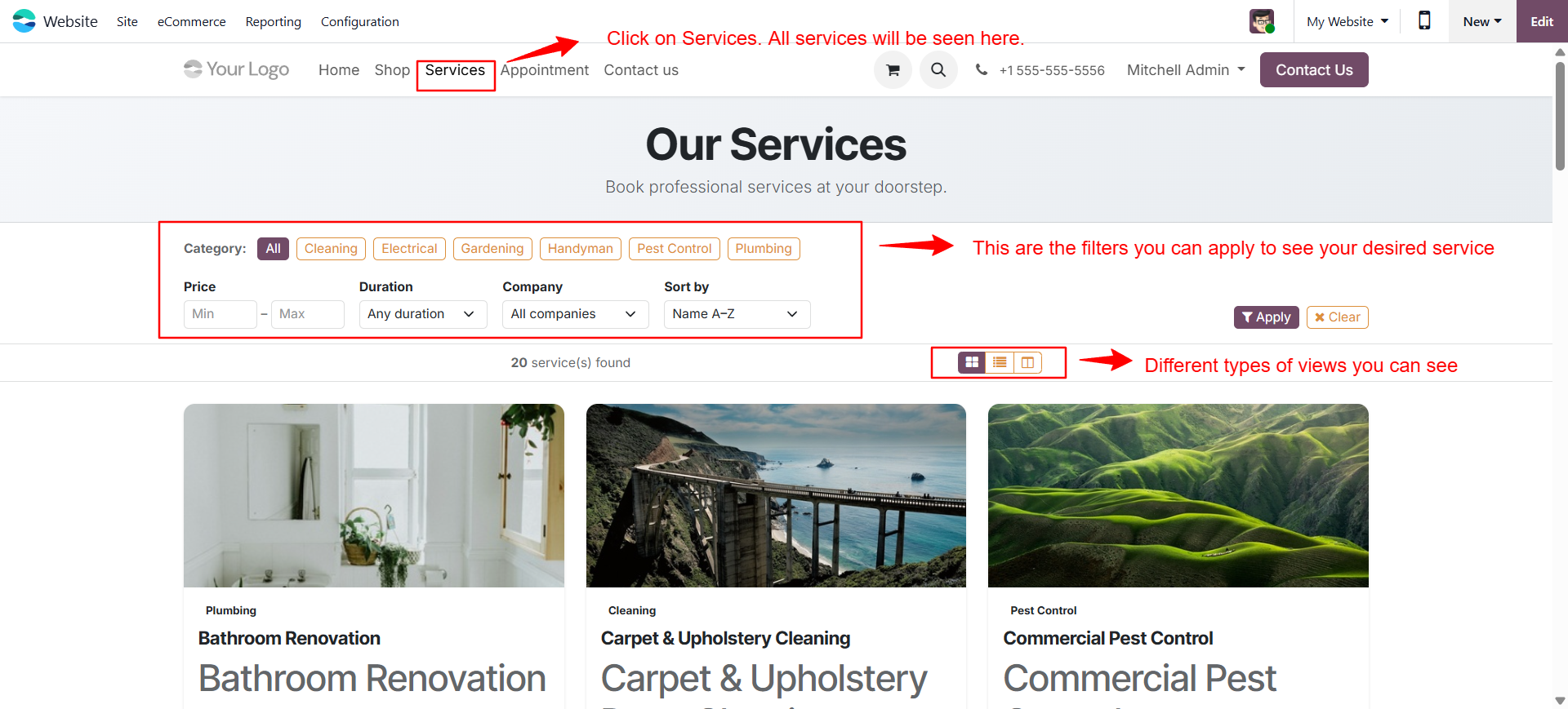 All services displayed on webpage