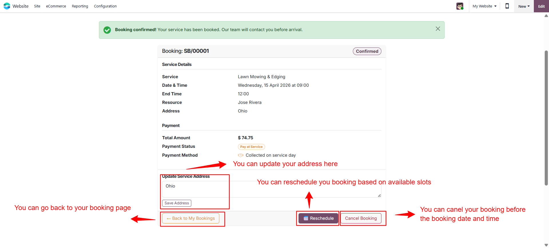 Booking details page
