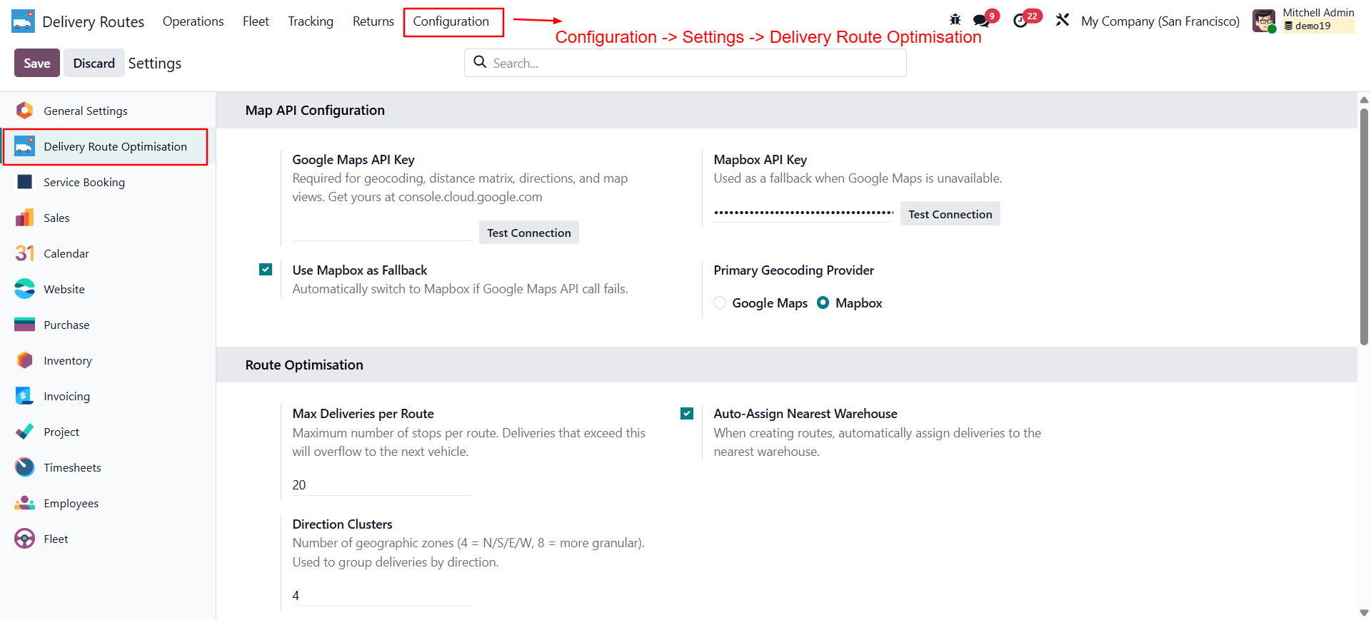 API Configuration screen