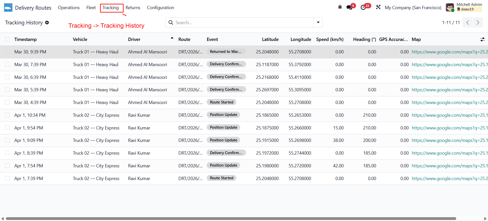 Routes tracking history screen