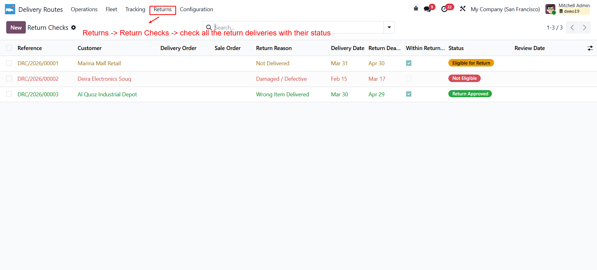 Return check screen
